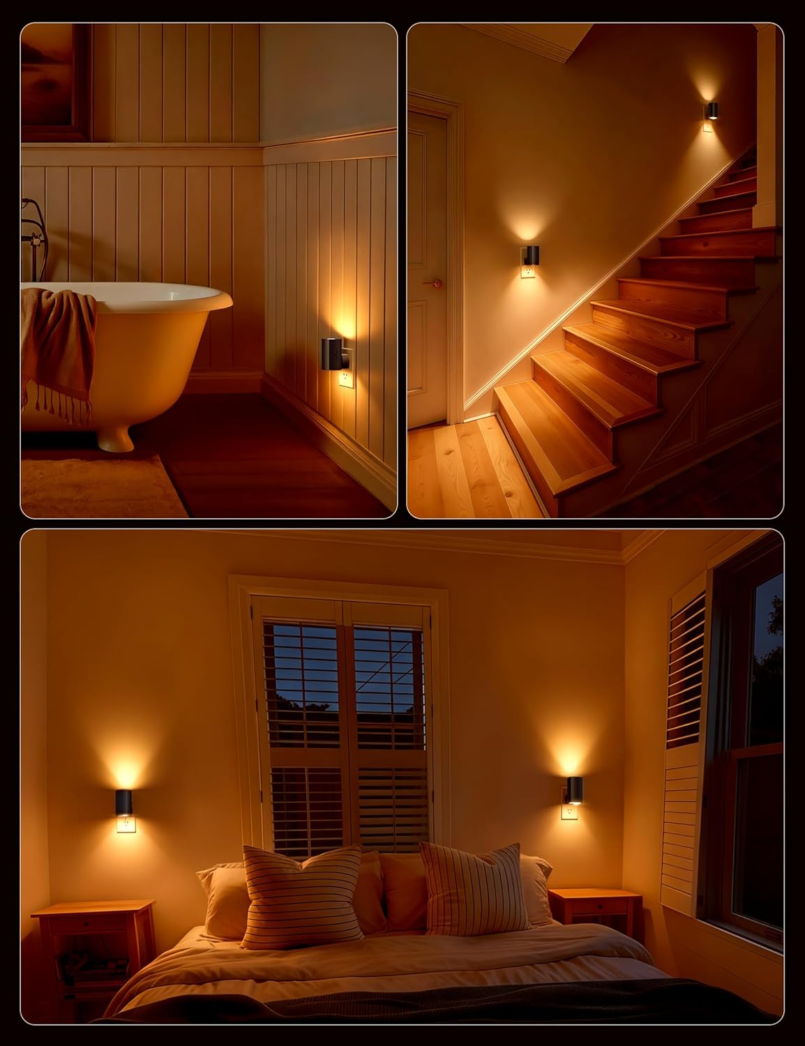 2 Pack Black Plug in Night Lights with Rotating Plug & Light Sensor for Bathroom Bedroom, Amber Light