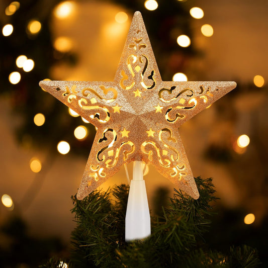 Christmas Star Tree Topper Lighted 8” Hollowed 3D Pentagram Built-in 10 Bulbs Golden Coated Star Treetop Plug in (4 Bulbs & 2 Fuses Spare)