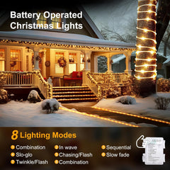 2 Pack Battery Operated Christmas Lights - 66FT 200 LED Rope Lights