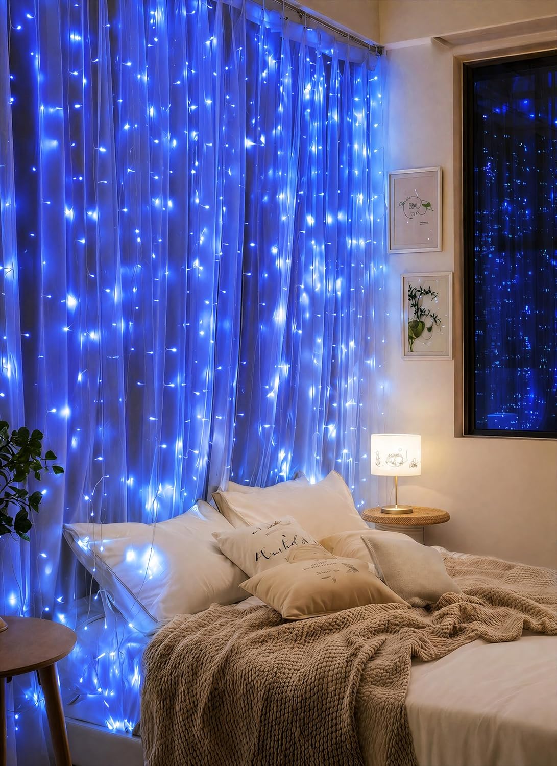 300 LED USB Powered Dimmable Window Curtain Lights with Remote, Blue