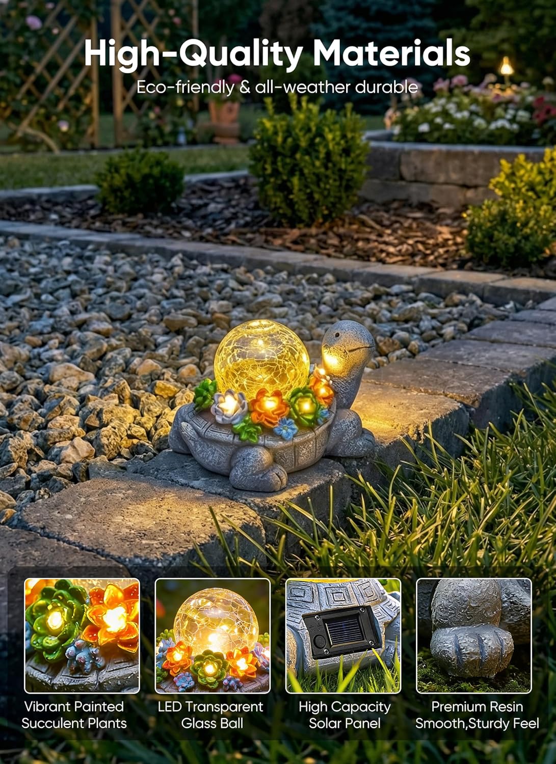 Solar Powered Turtle Statue with 5 Succulent LED Lights for Garden Backyard Decor