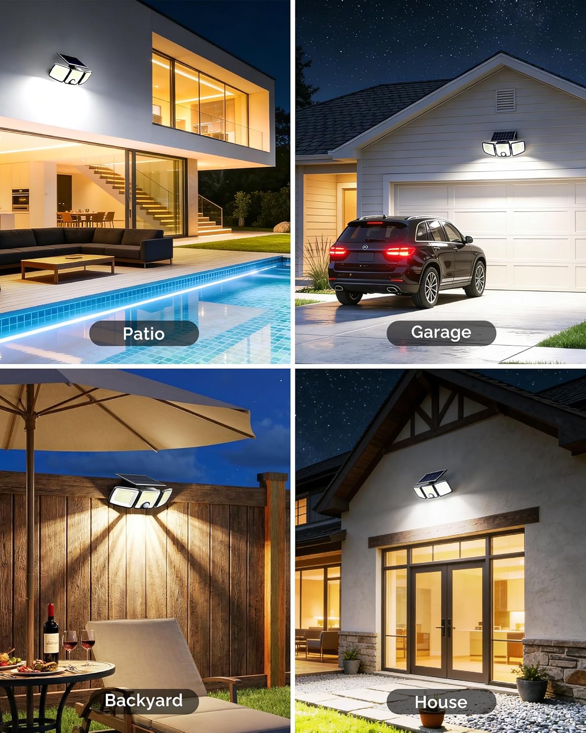 2 Pack Solar Powered 223 LED 3 Head Security Flood Lights with Motion Sensor, 3 Modes