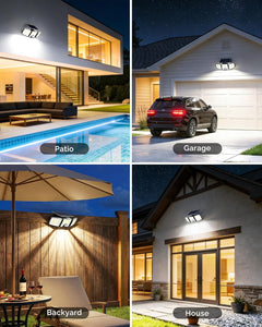 2 Pack Solar Powered 223 LED 3 Head Security Flood Lights with Motion Sensor, 3 Modes