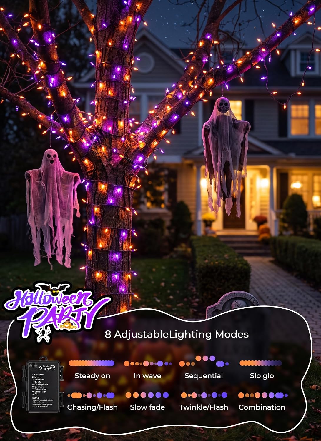 2Pack 35.6FT 100LED Battery Operated Mini Orange Purple Lights for Halloween Party Haunted House, 8 Modes