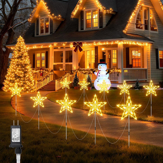 10Pcs/Set Large Waterproof Star Stake Pathway Lights for Outdoor Christmas Decorations, Warm White