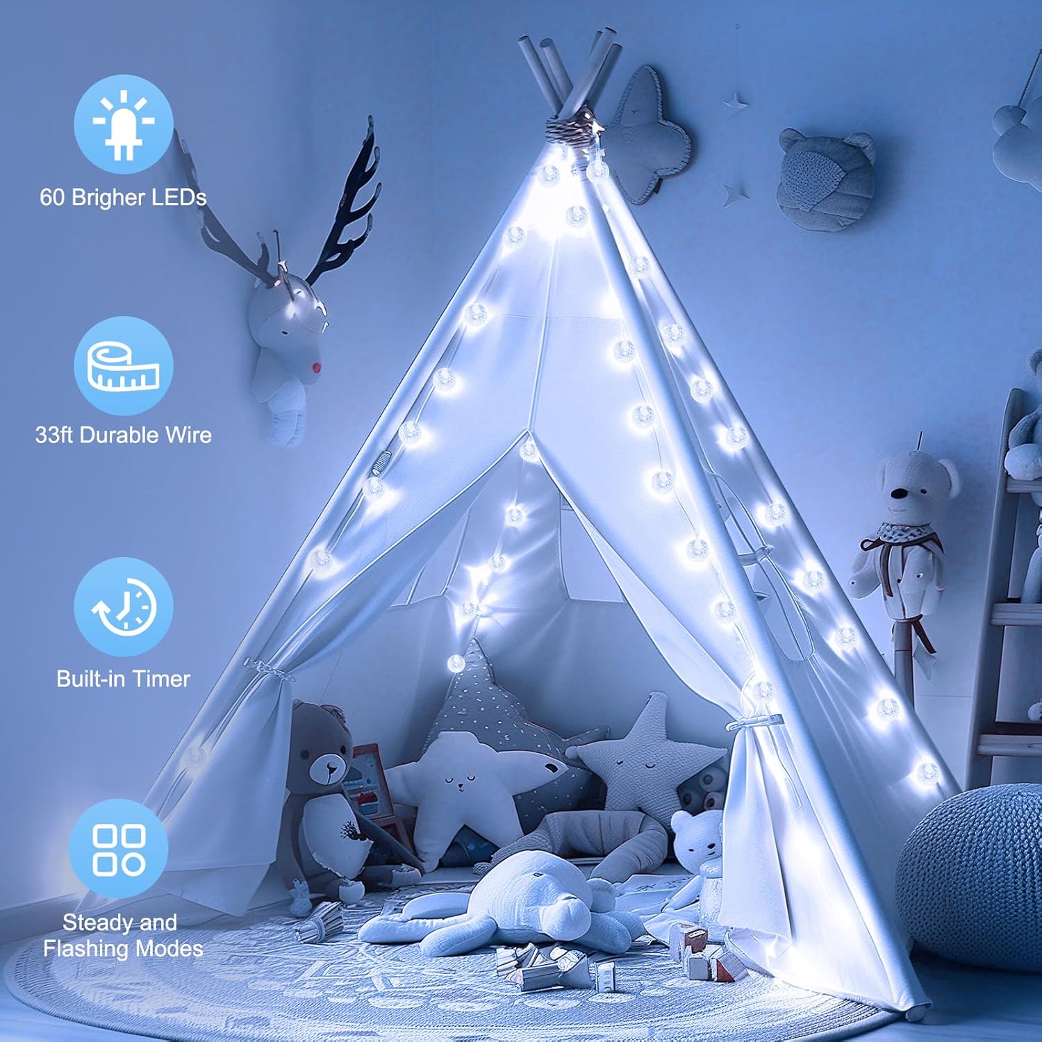 33ft 100 LED Plug in Crystal Globe Fairy Lights with Remote for Bedroom Tent, 8 Modes, White