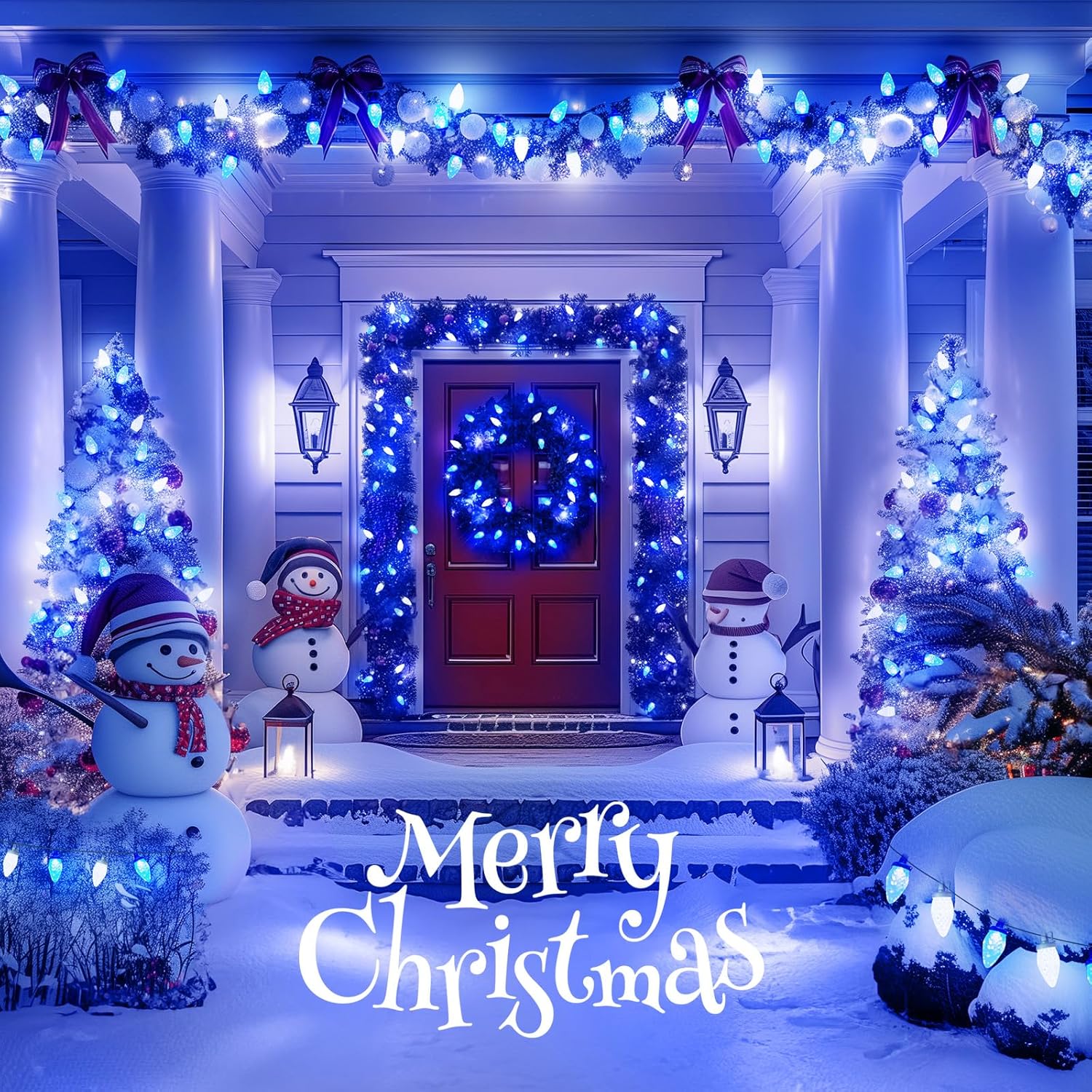 C9 LED Christmas String Lights, 66ft 100 LED Waterproof Strawberry String Lights, Plug-in Extendable Green Wire Lights, Blue and White