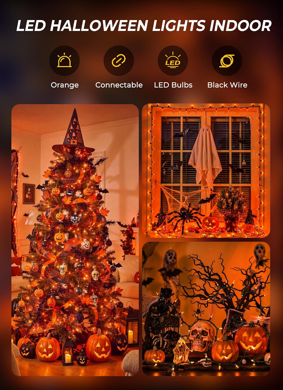 33FT Plug in 100 LED Mini Orange Lights for Halloween Fall Party Haunted House, 8 Modes