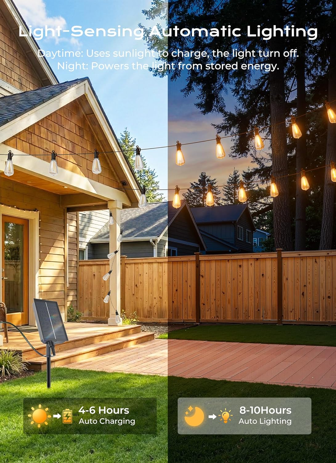 52FT Solar Powered ST38 15+1 Shatterproof LED Blubs String Lights Outdoor for Backyard Porch Deck
