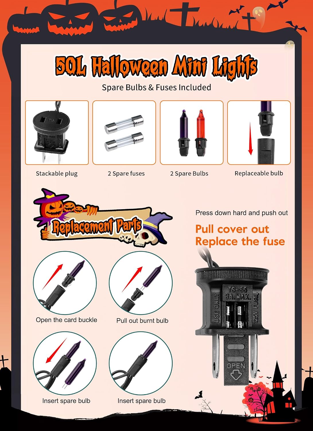 2Pack 10Ft 50 LED Plug in Mini Bulbs String Light for Halloween Haunted House Party, Orange & Purple