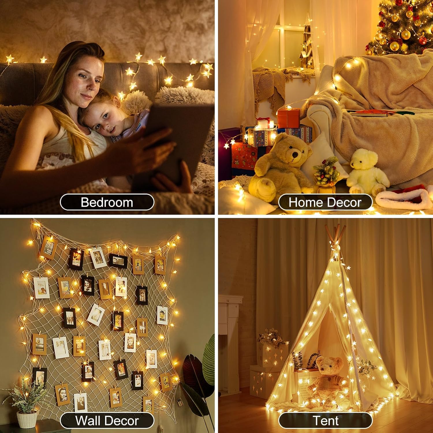 17 ft 50 LED Battery Operated Star String Lights with Remote and Timer, Warm White