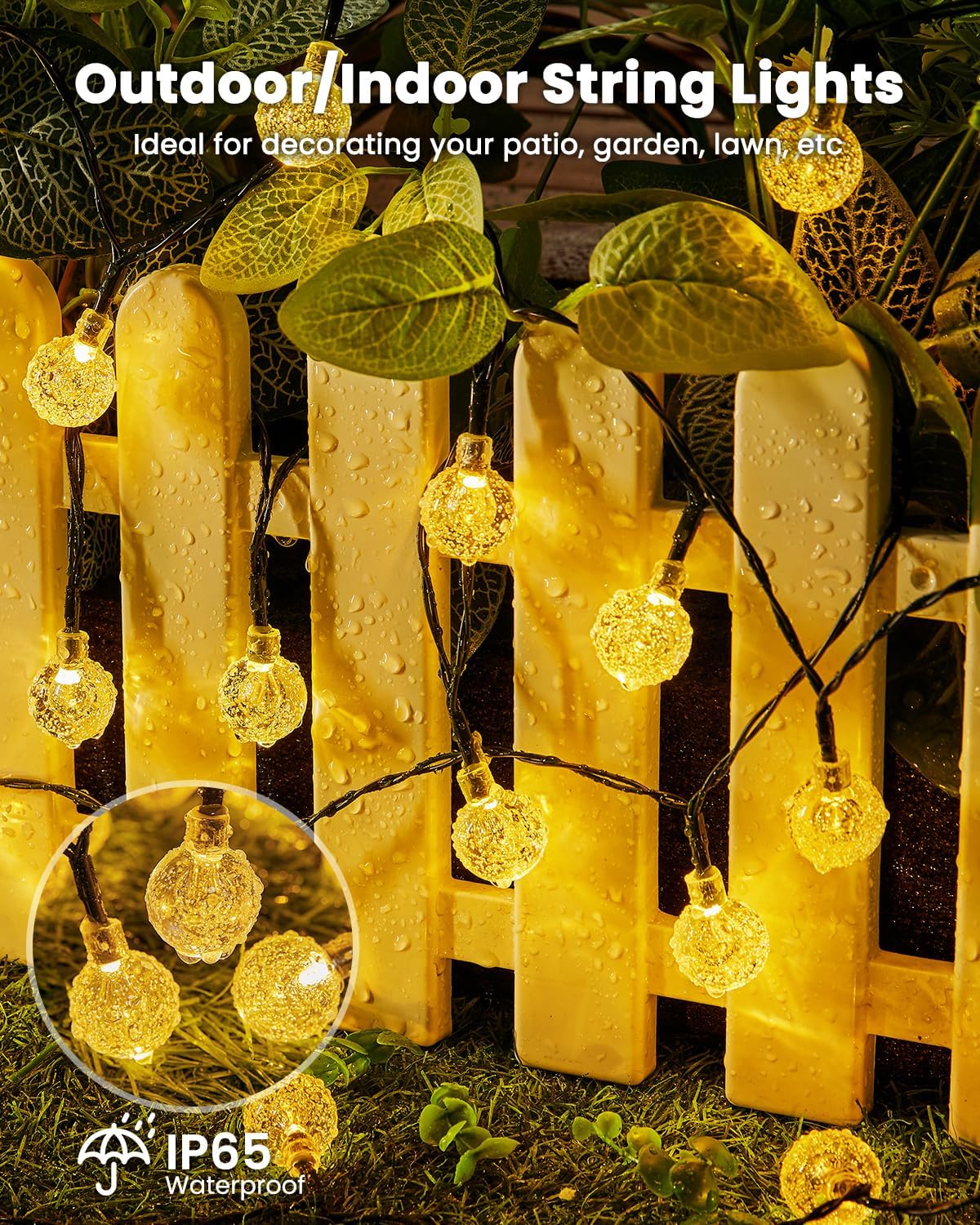 36FT Solar Powered 60 LED Crystal Globe String Lights for Garden Yard Porch Decor, Warm White