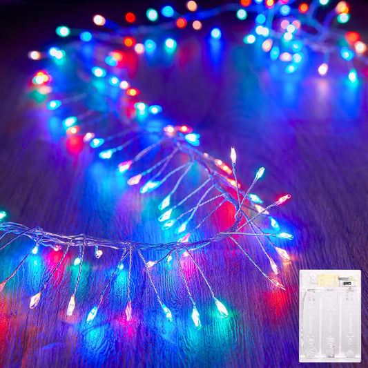Multicolor 10ft 120 LED Battery Operated Silver Wire Firecracker Cluster Lights for Christmas Wedding DIY Decor