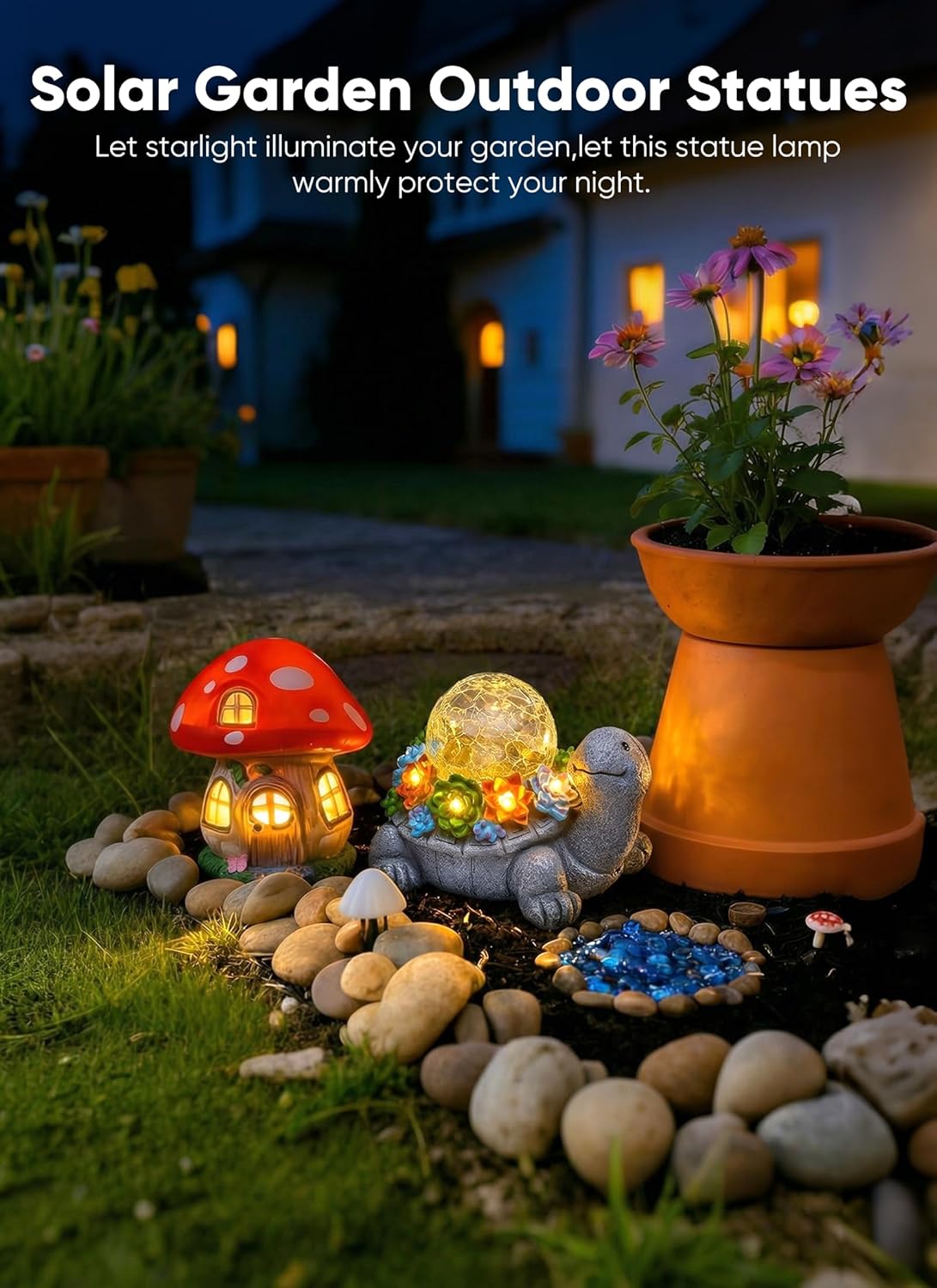 Solar Powered Turtle Statue with 5 Succulent LED Lights for Garden Backyard Decor