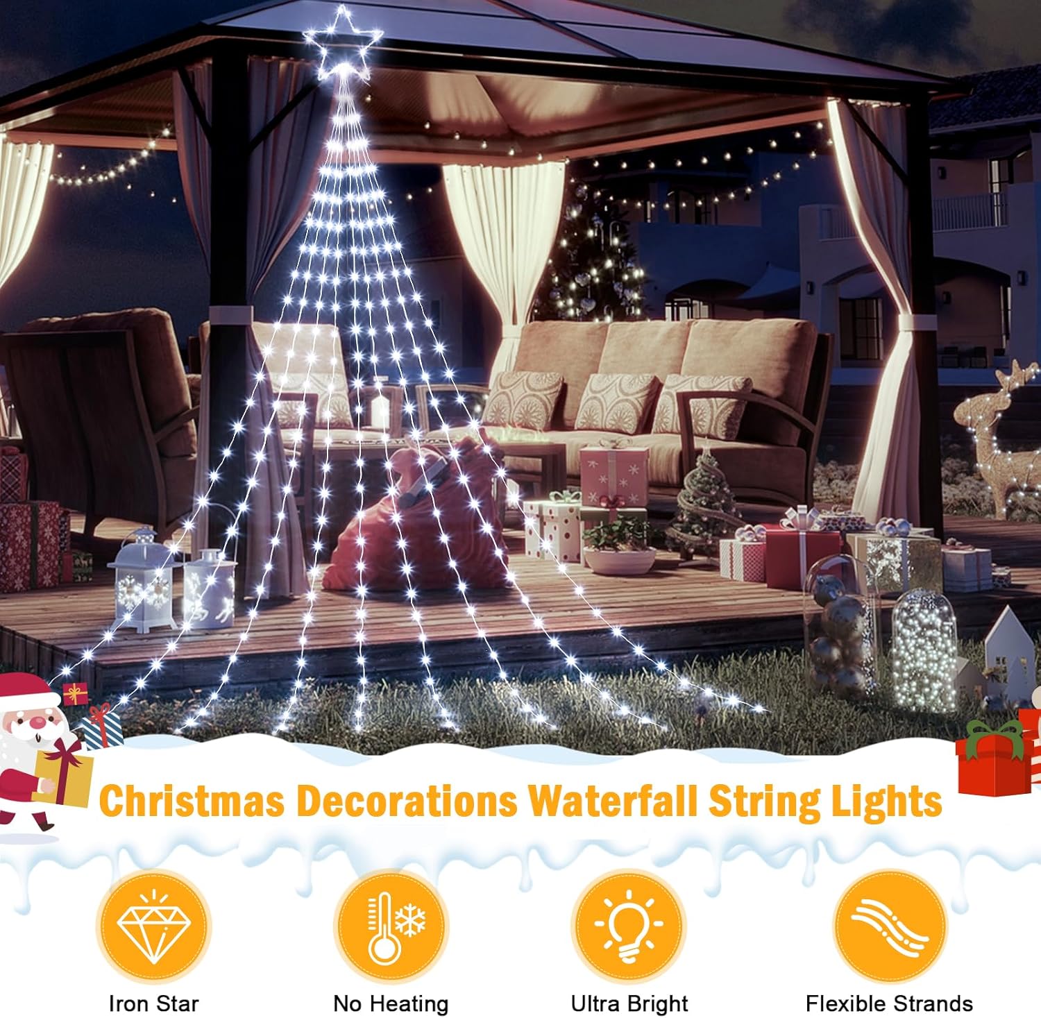 344 LED Waterfall Christmas Tree Lights with 11" Topper Iron Star, Pure White