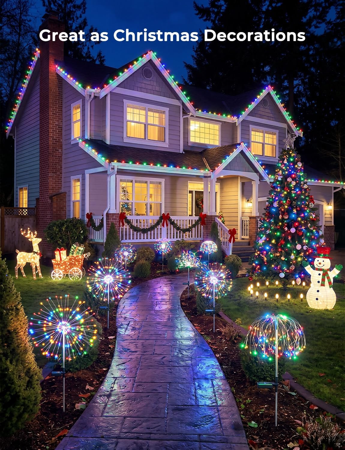 2 Pack 180 LED Firework Solar Powered Stake Lights for Christmas Independence Day, Red/Yellow/Blue/Green