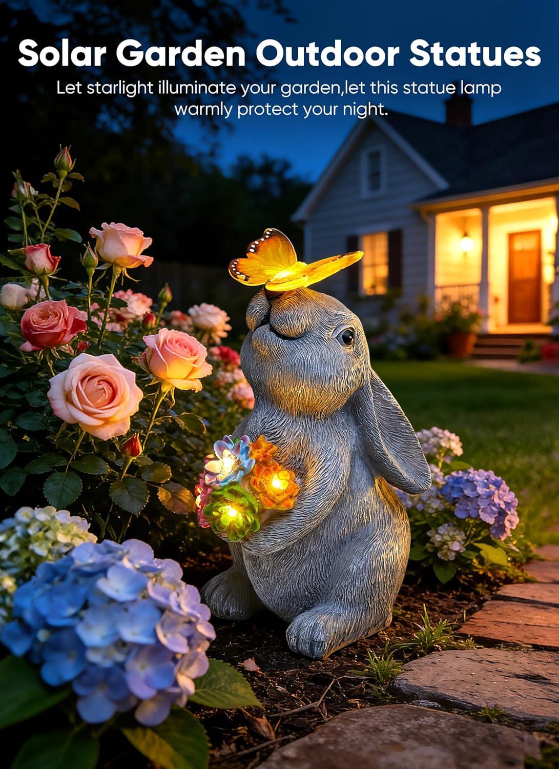 Solar Powered Rabbit Statue with Butterfly Flowers Lights for Garden Backyard Decor