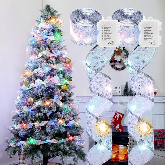 2 Pack 33ft 100 LED Battery Operated Christmas Tree Ribbon Lights, Multicolor
