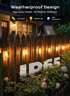 37FT Solar Powered 10+1 LED ST38 Bulbs String Lights Outdoor, 3 Light Modes