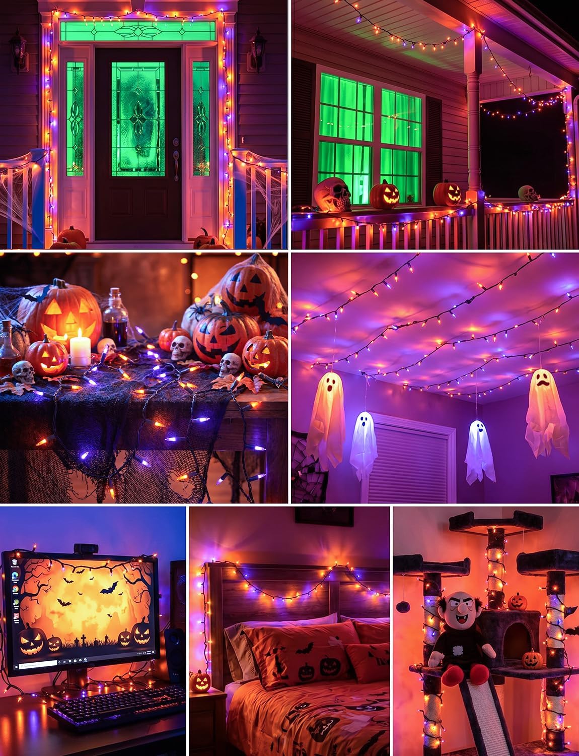 40Ft Plug in Mini Bulbs String Light for Halloween Haunted House Party, Orange & Purple