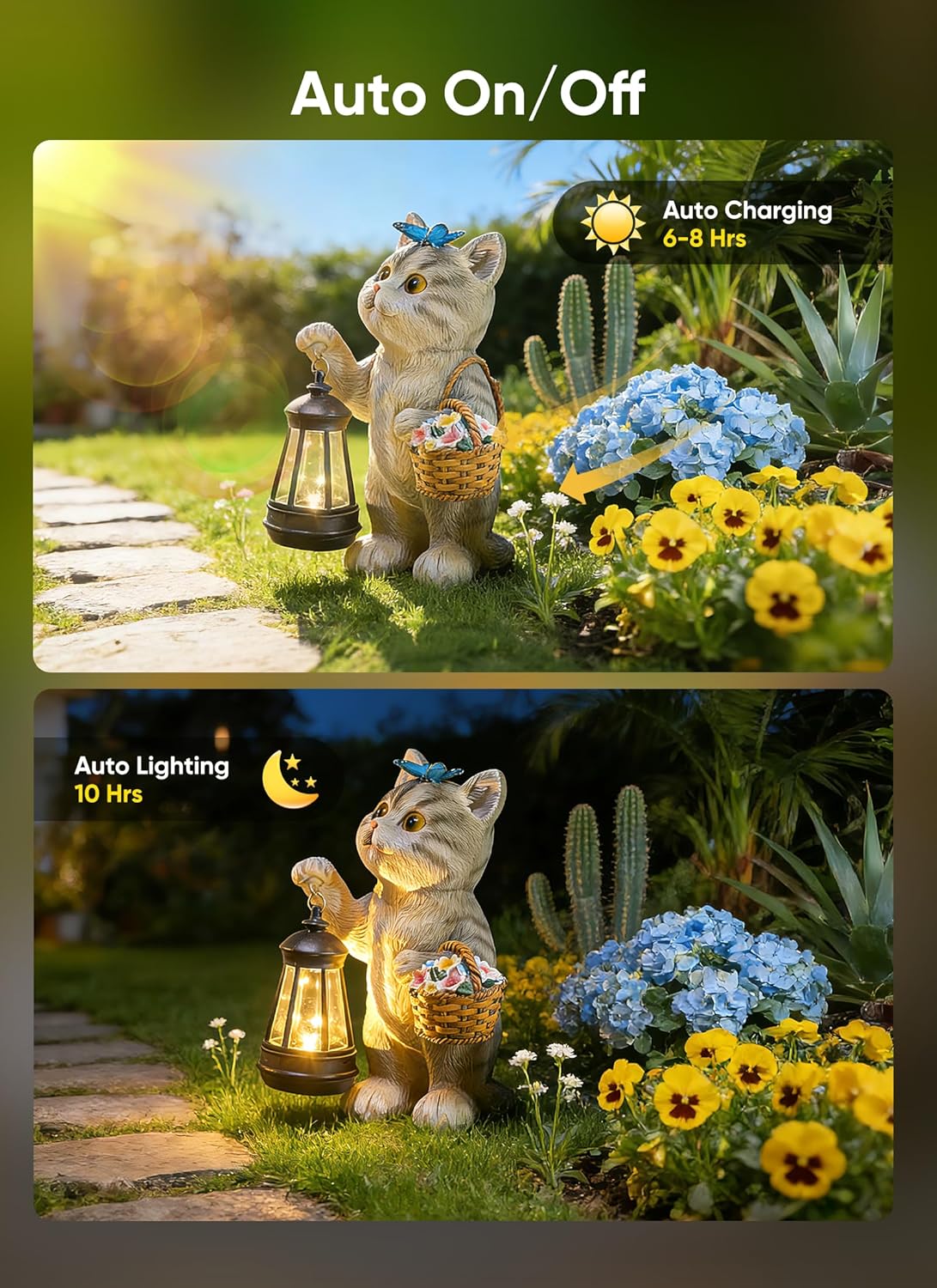 Solar Powered Cat Statue with Lantern Light & Flower Basket for Garden Backyard Decor
