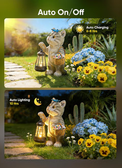 Solar Powered Cat Statue with Lantern Light & Flower Basket for Garden Backyard Decor