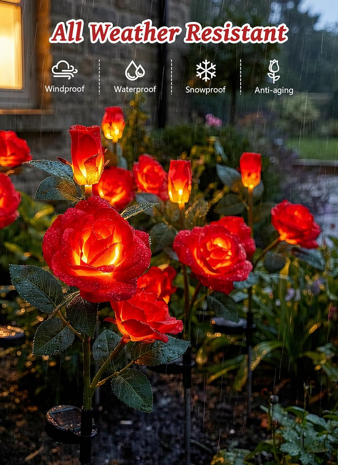 4 Pack Realistic Red Rose Flowers Solar Garden Pathway Lights for Yard & Patio Decorations