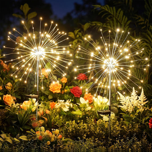 2 Pack 150 LED Firework Solar Powered Stake Lights for Garden Yard Pathway,Warm White