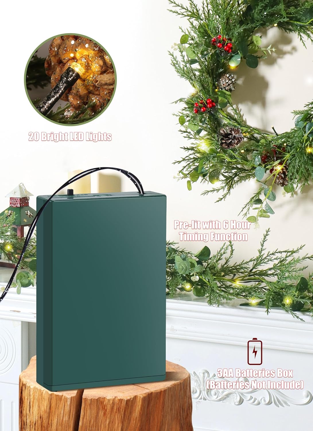 Pre-lit Christmas Garland with Lights, 6 Feet 20 LED Battery Operated Lights with Pine Cones, Berry, Eucalyptus Leaves, Indoor Door