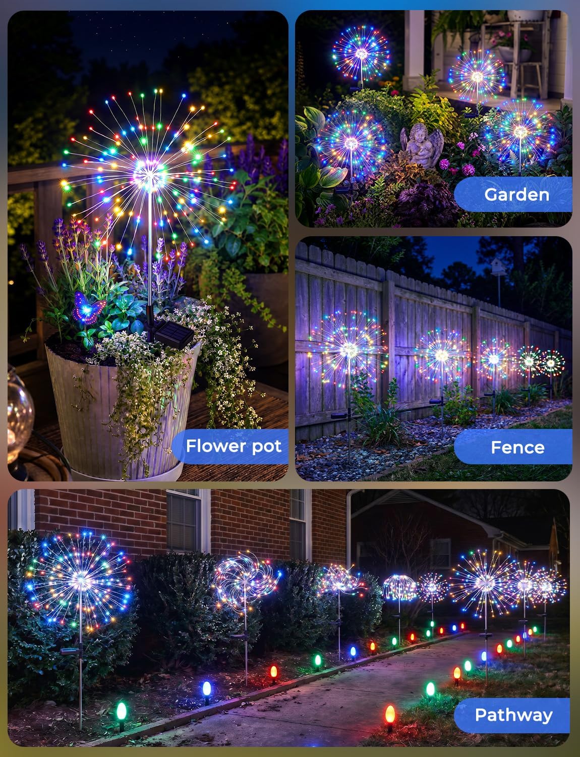 2 Pack 180 LED Firework Solar Powered Stake Lights for Christmas Independence Day, Red/Yellow/Blue/Green