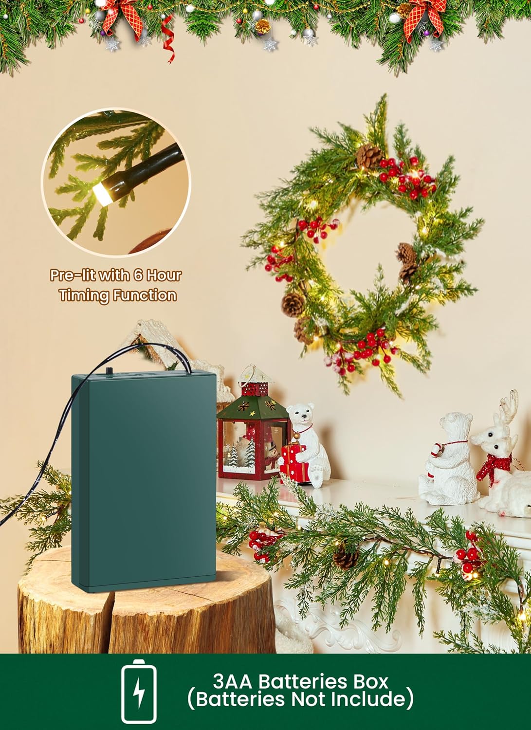 Christmas Garland with Lights, 6Ft 20 LED Lighted Cypress Leaves Garland, Battery Operated Christmas Lights, 2 Pack