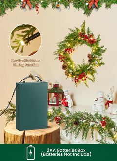 Christmas Garland with Lights, 6Ft 20 LED Lighted Cypress Leaves Garland, Battery Operated Christmas Lights, 2 Pack