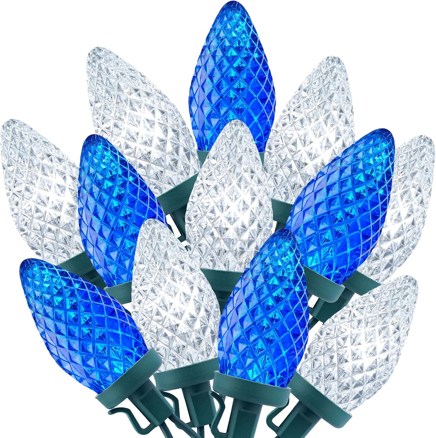 C9 LED Christmas String Lights, 66ft 100 LED Waterproof Strawberry String Lights, Plug-in Extendable Green Wire Lights, Blue and White