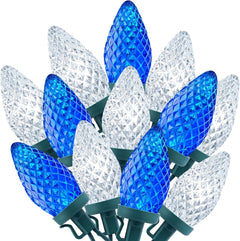 C9 LED Christmas String Lights, 66ft 100 LED Waterproof Strawberry String Lights, Plug-in Extendable Green Wire Lights, Blue and White