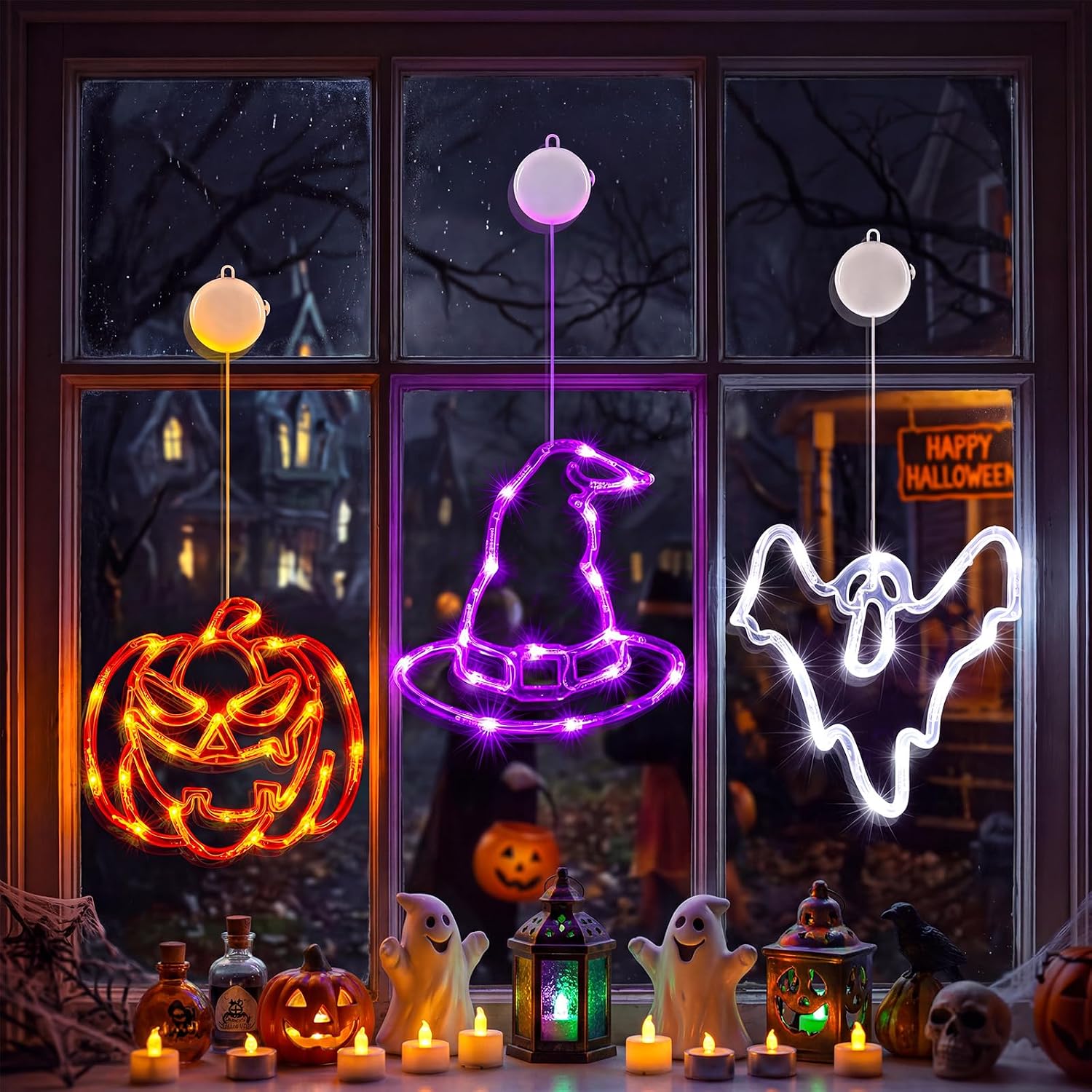 3 Pack Battery Operated Halloween Windows Lights with Timer, Pumpkin, Ghost, Hat
