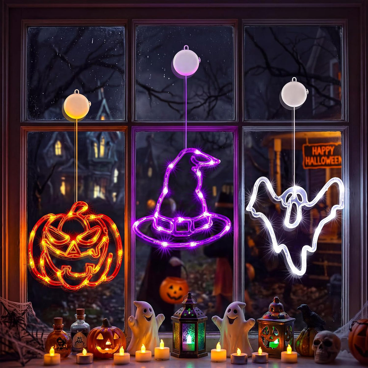 3 Pack Battery Operated Halloween Windows Lights with Timer, Pumpkin, Ghost, Hat