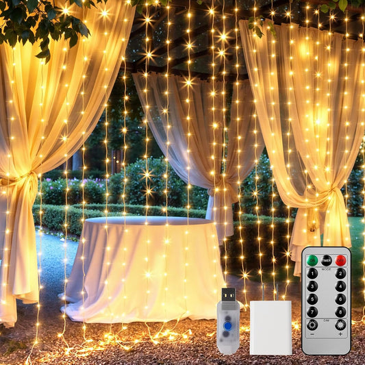 20FT 600 LED Curtain Window Fairy Lights with Remote & USB Adapter, 8 Modes, Warm White