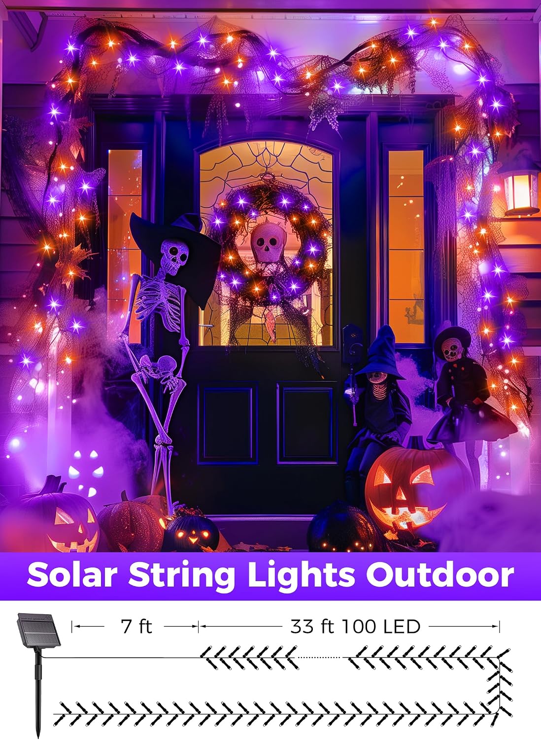 40FT 100 LED Solar String Lights for Halloween Haunted House Party, Black Wire, Orange & Purple