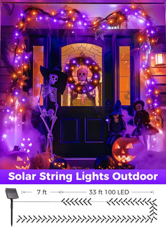 40FT 100 LED Solar String Lights for Halloween Haunted House Party, Black Wire, Orange & Purple