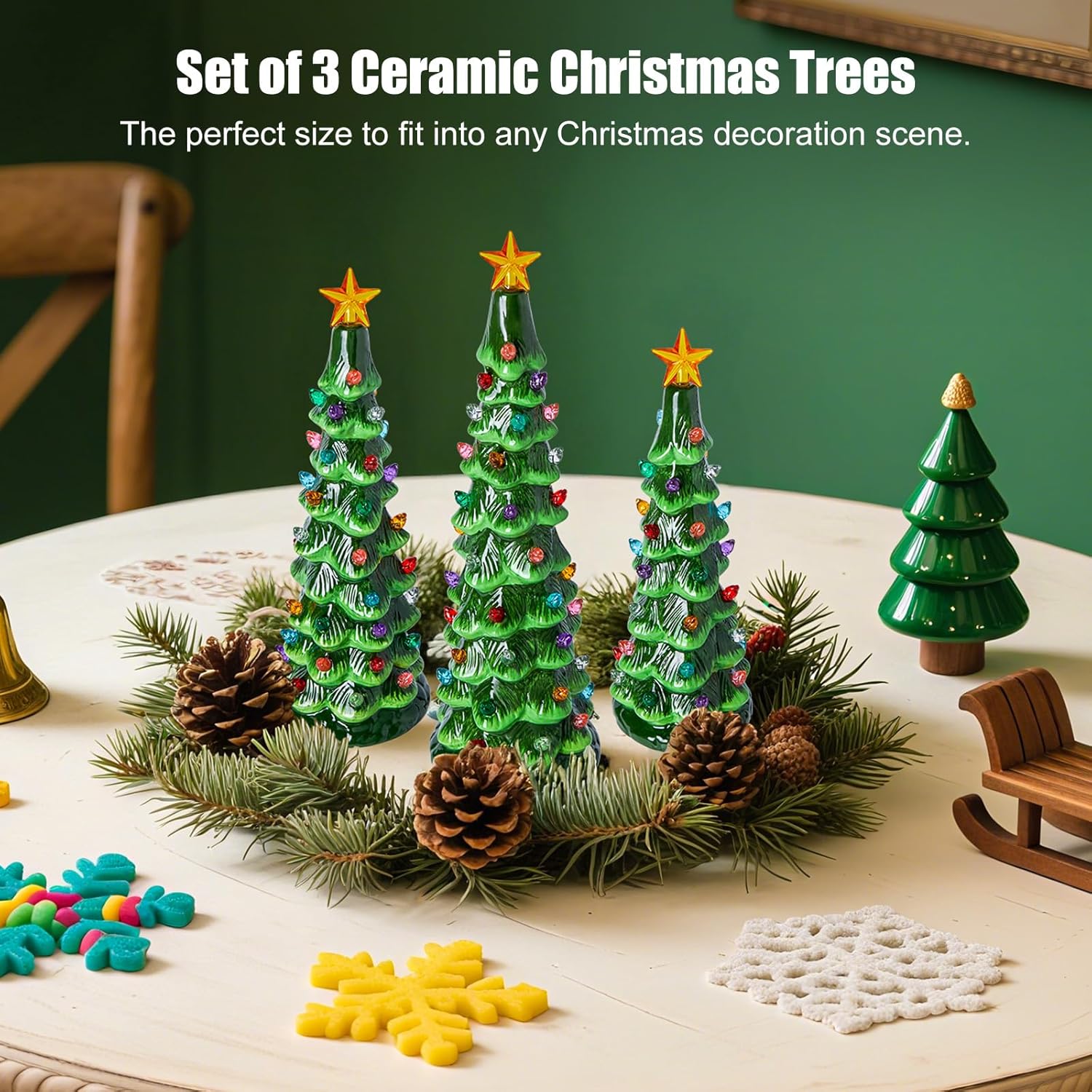 3Pcs/Set Pre-Lit Battery Operated Lighted Ceramic Christmas Trees with Multicolored LED Lights