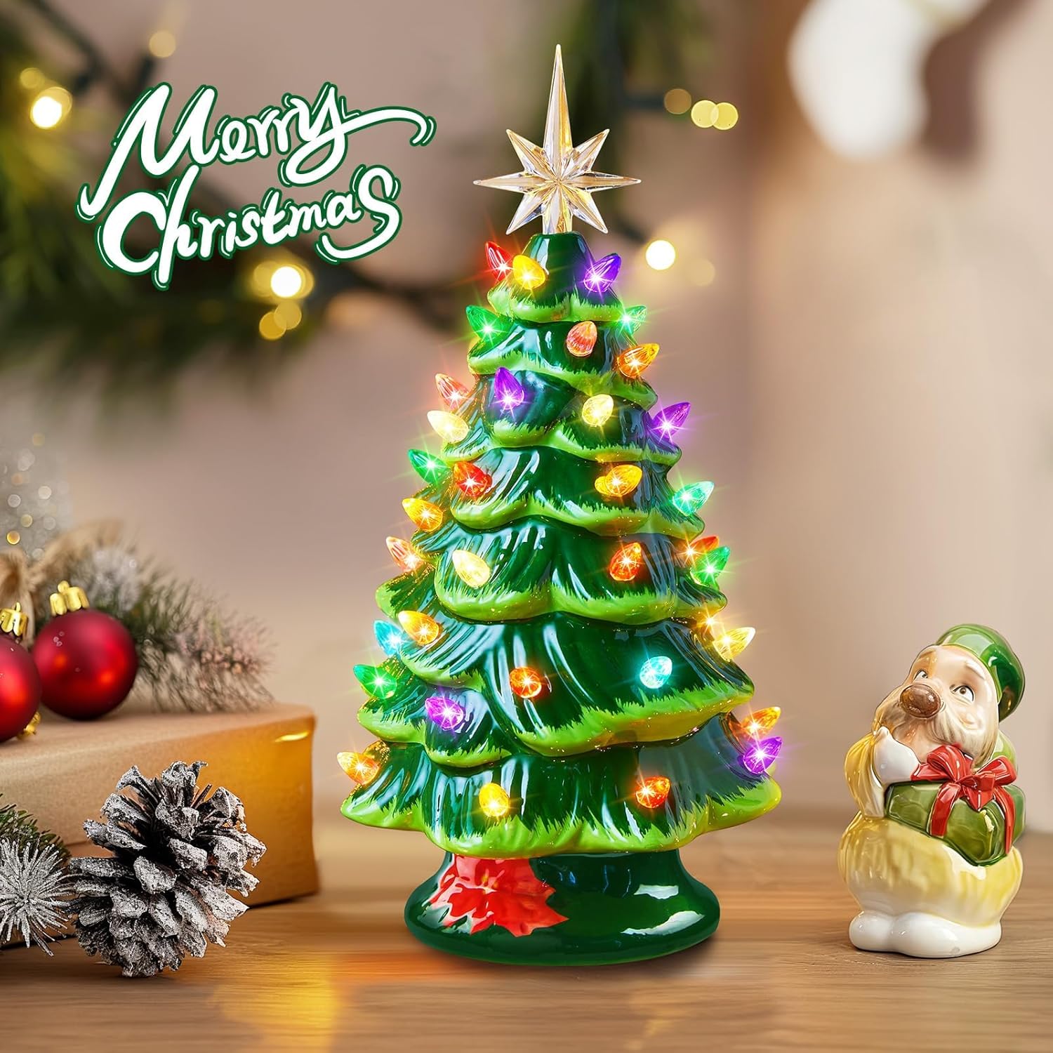 13 Inch Battery Operated Pre-lit Tabletop Ceramic Christmas Tree with Multicolored LED Lights, Green