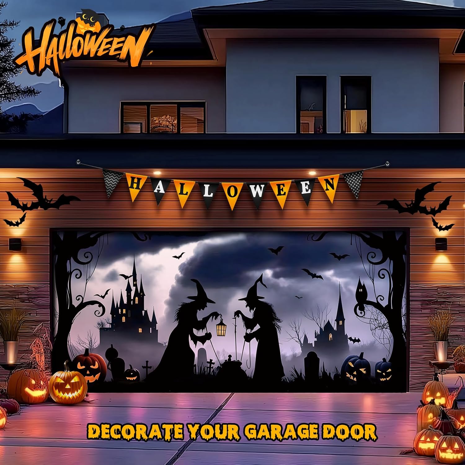 Brightown Halloween Garage Door Cover (7x16FT, Black) for 2-Car Garage Door - with Magnetic Hook & Ropes