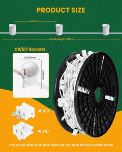Commercial 250FT/500FT C9/E17 Christmas Light Sockets Set Spool, C9 String Light Stringer 12" Spacing Green Wire