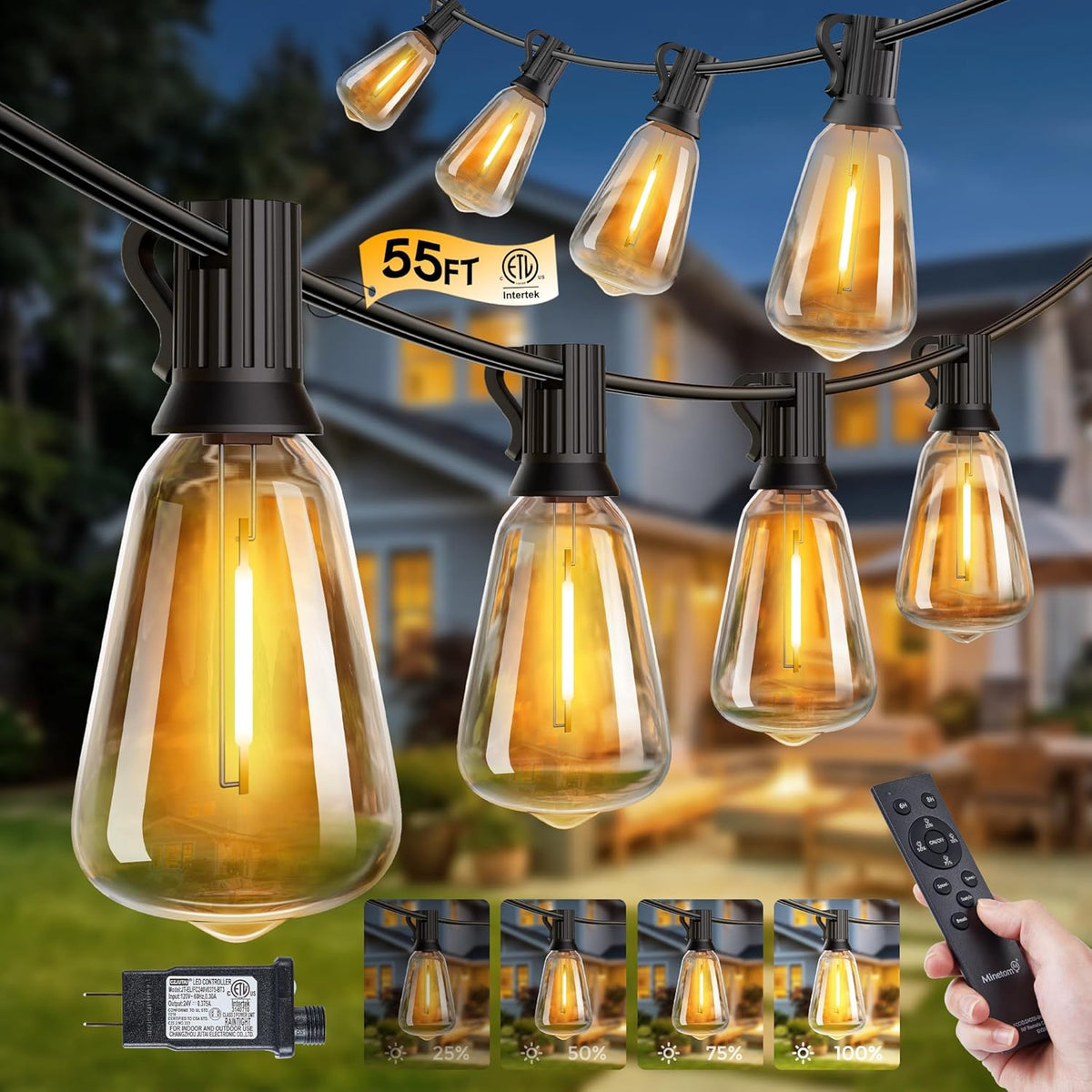 55FT 25+2 Shatterproof Edison LED Lights Outdoor IP65 Waterproof Lights for Backyard Porch Deck