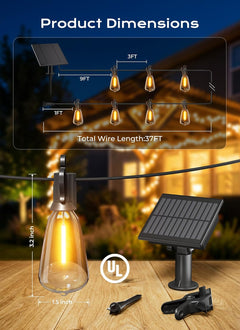 37FT Solar Powered 10+1 LED ST38 Bulbs String Lights Outdoor, 3 Light Modes