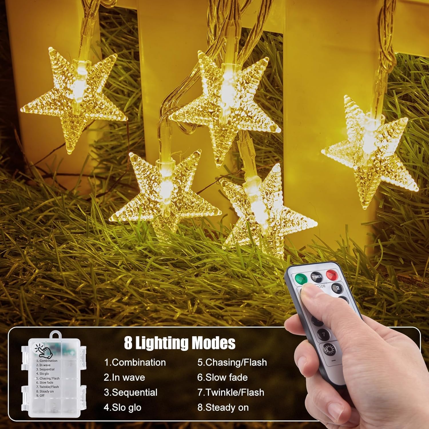 17 ft 50 LED Battery Operated Star String Lights with Remote and Timer, Warm White