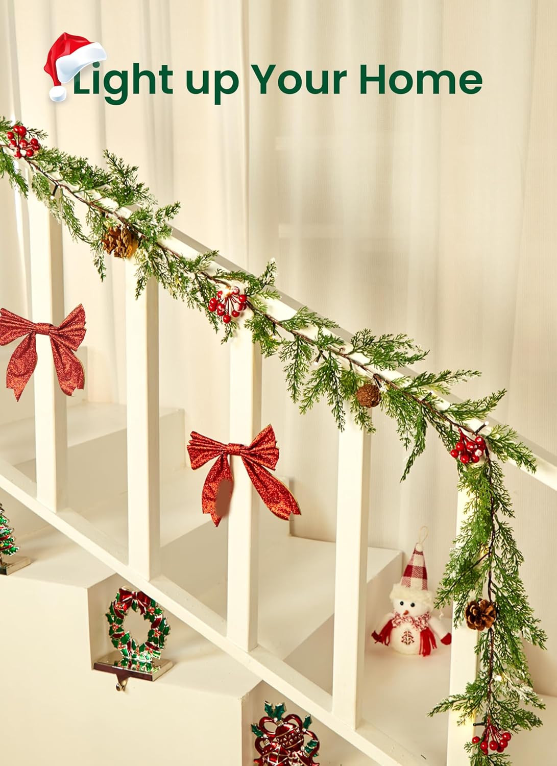 Christmas Garland with Lights, 6Ft 20 LED Lighted Cypress Leaves Garland, Battery Operated Christmas Lights, 2 Pack