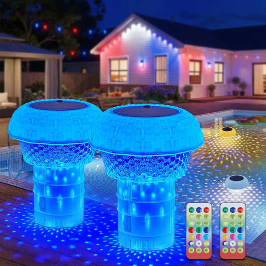 2Pack 2 in 1 Solar Powered RGBWW Floating Pool Lights with Chlorine Floater & Remote, 20+ Light Effects