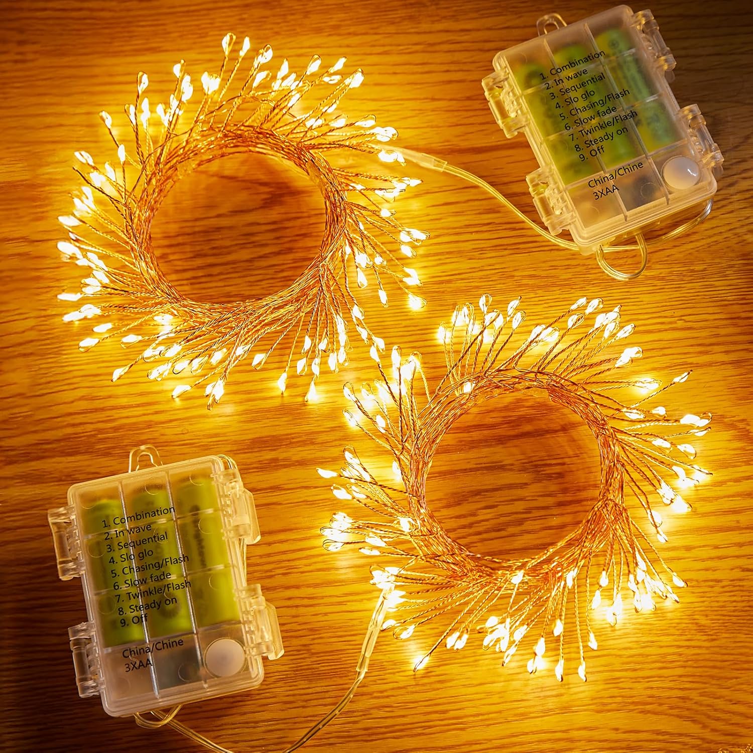 2 Pack Warm White 5ft 60 LED Battery Operated Silver Wire Firecracker Cluster Lights with Remote