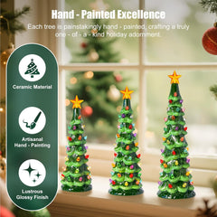 3Pcs/Set Pre-Lit Battery Operated Lighted Ceramic Christmas Trees with Multicolored LED Lights
